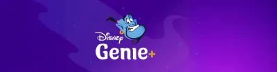 Disney Genie+ logo featuring blue animated character on purple background