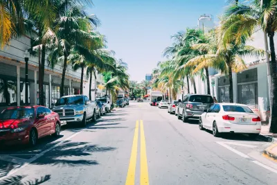 Sunny Florida street lined with palm trees, parked cars, and storefronts